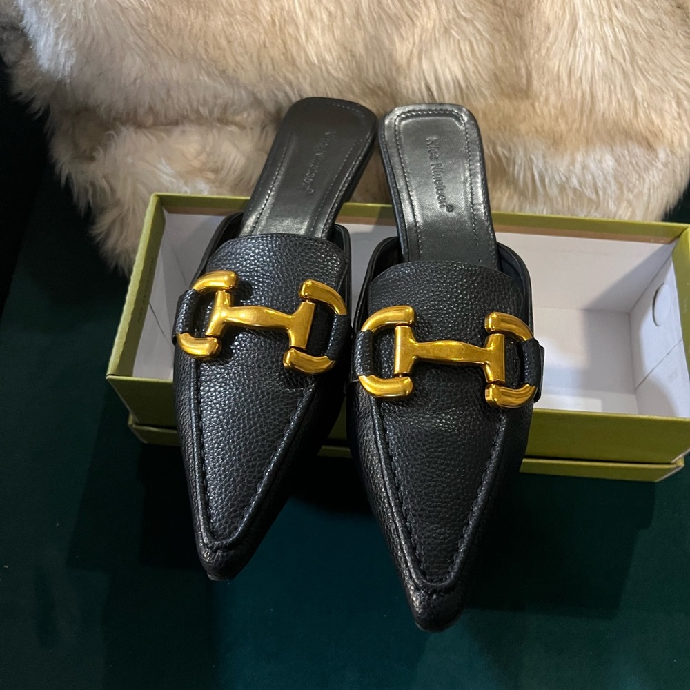 Black Leather Mules with Gold Accent